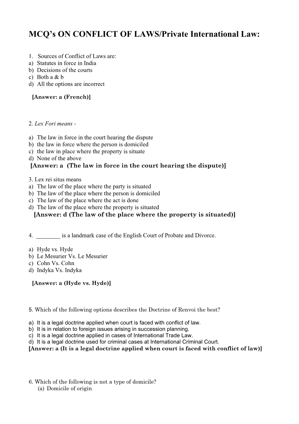 MCQ's on CONFLICT of LAWS/Private International Law