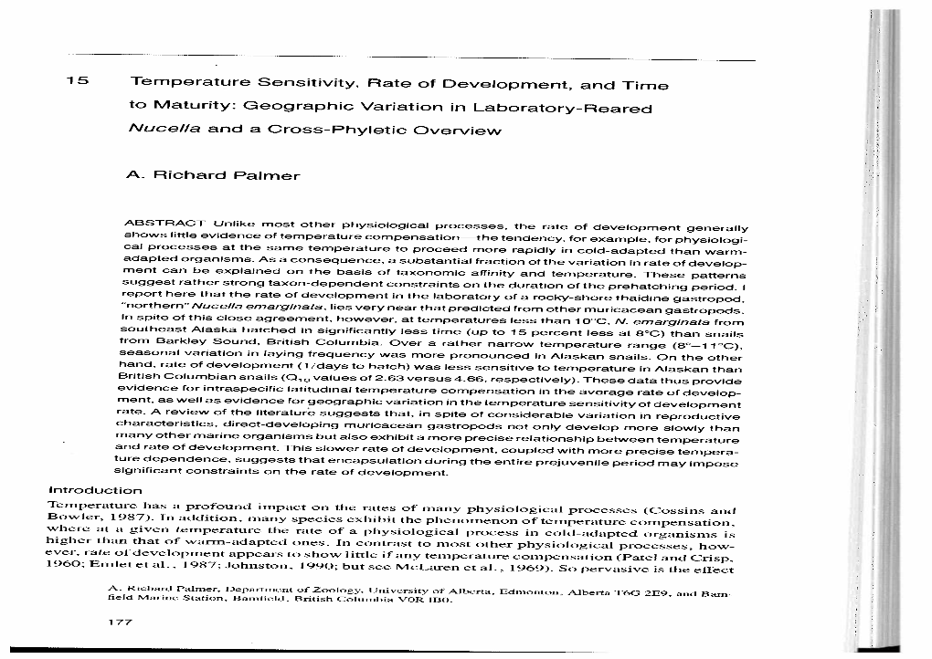 15 Temperature Sensitivity, Rate of Development, and Time to Maturity: Geographic Variation Inlaboratory-Reared Nucella and a Cr