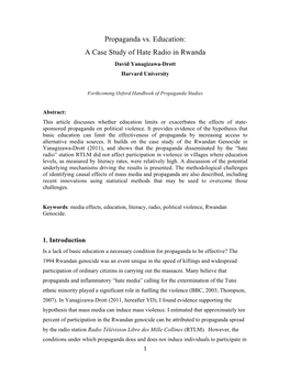 Propaganda Vs. Education: a Case Study of Hate Radio in Rwanda David Yanagizawa-Drott Harvard University