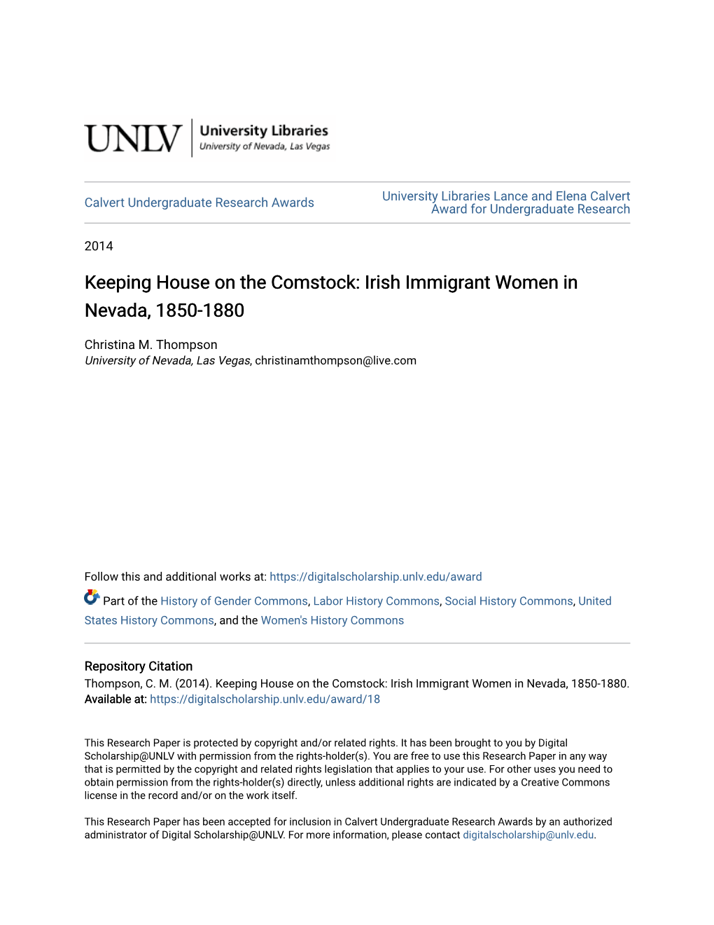 Irish Immigrant Women in Nevada, 1850-1880