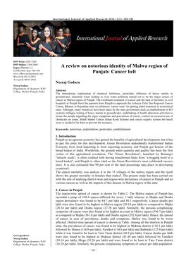 A Review on Notorious Identity of Malwa Region of Punjab: Cancer Belt