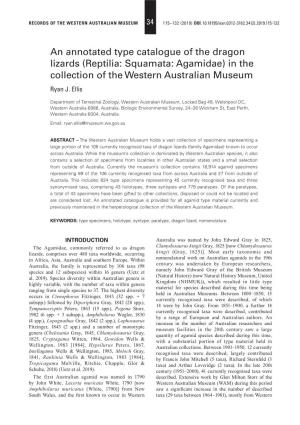 An Annotated Type Catalogue of the Dragon Lizards (Reptilia: Squamata: Agamidae) in the Collection of the Western Australian Museum Ryan J