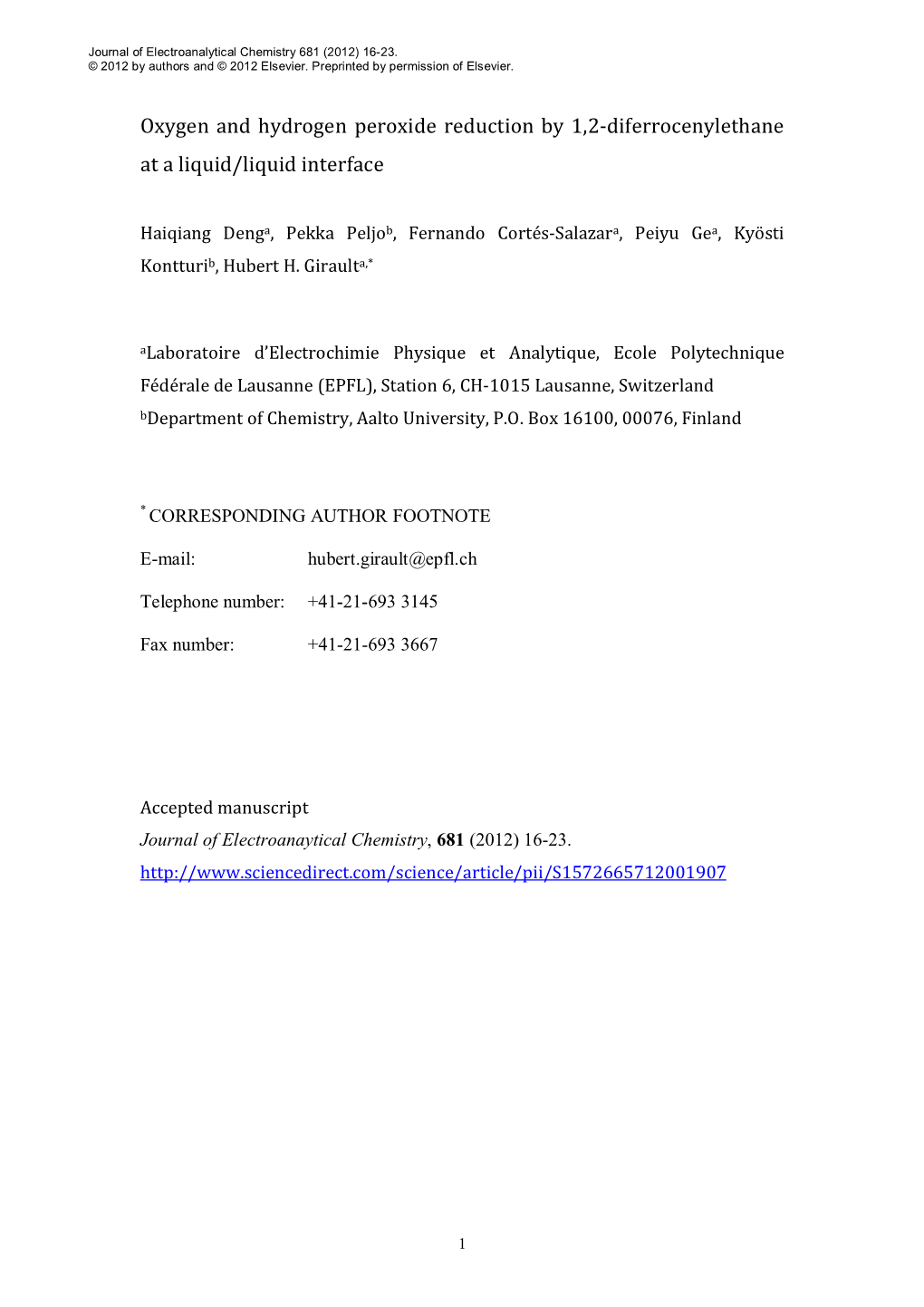 Oxygen and Hydrogen Peroxide Reduction by 1,2-Diferrocenylethane