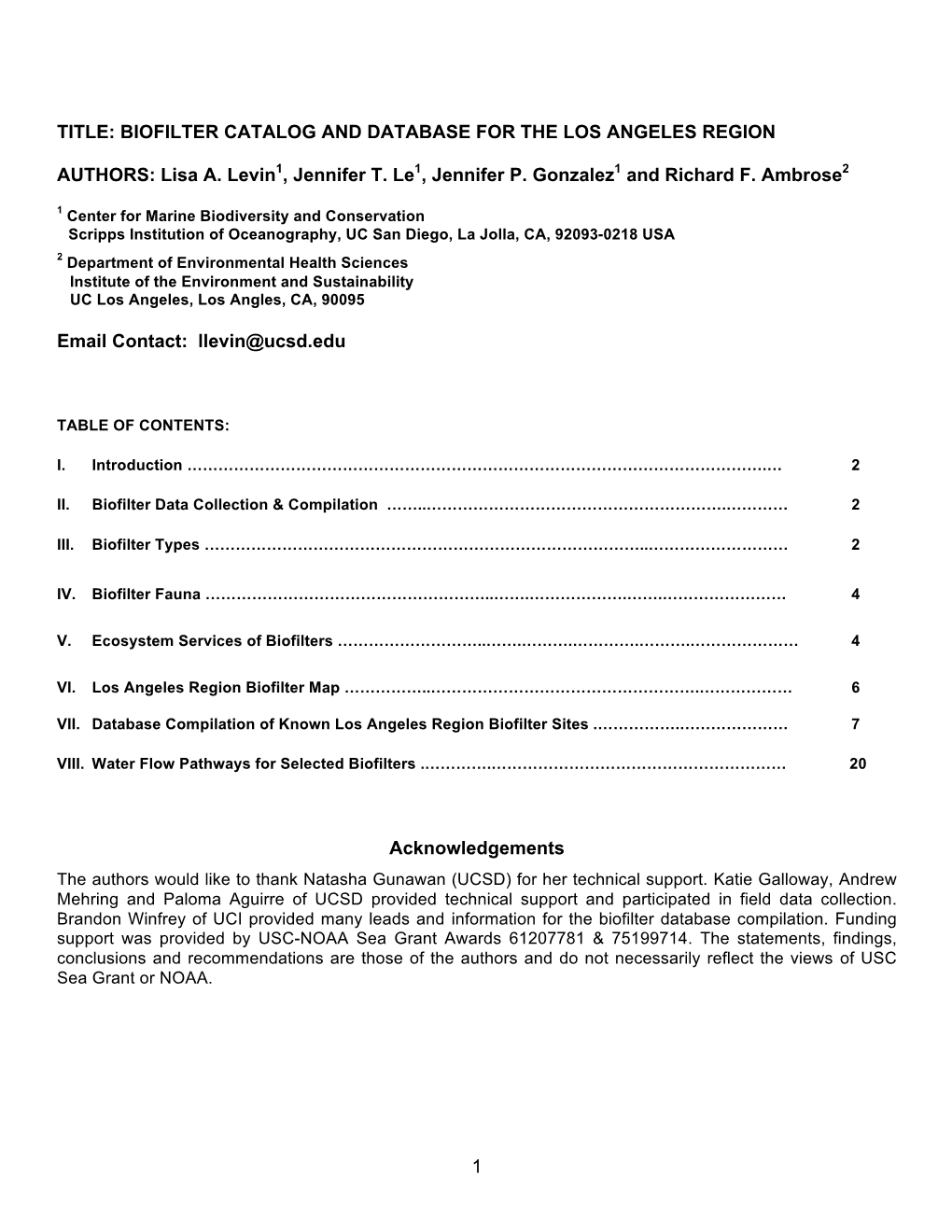 1 Title: Biofilter Catalog and Database for the Los