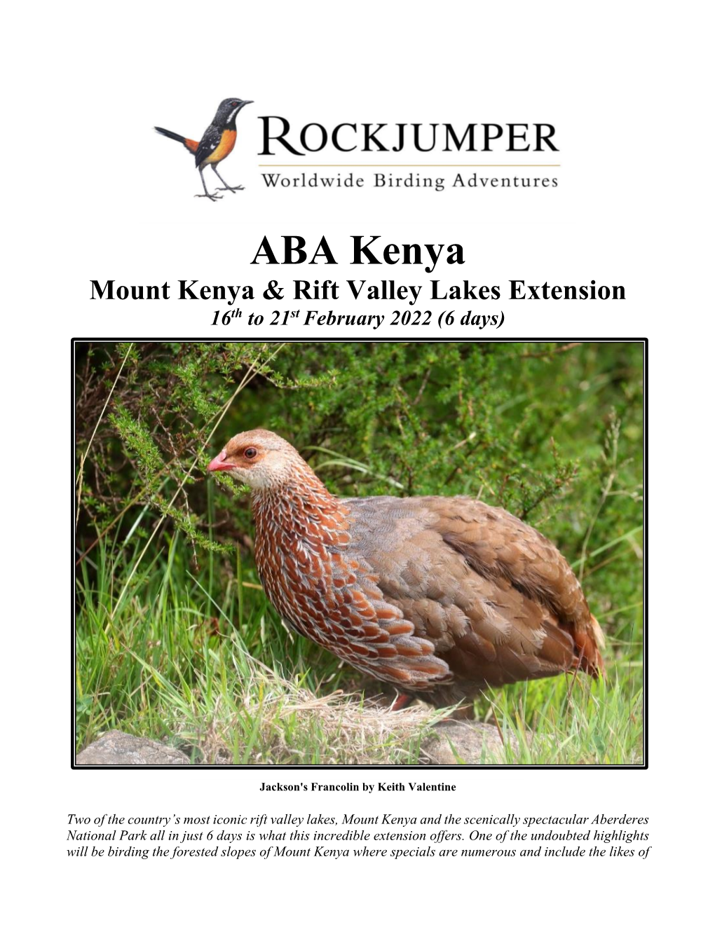 ABA Kenya Mount Kenya & Rift Valley Lakes Extension 16Th to 21St February 2022 (6 Days)