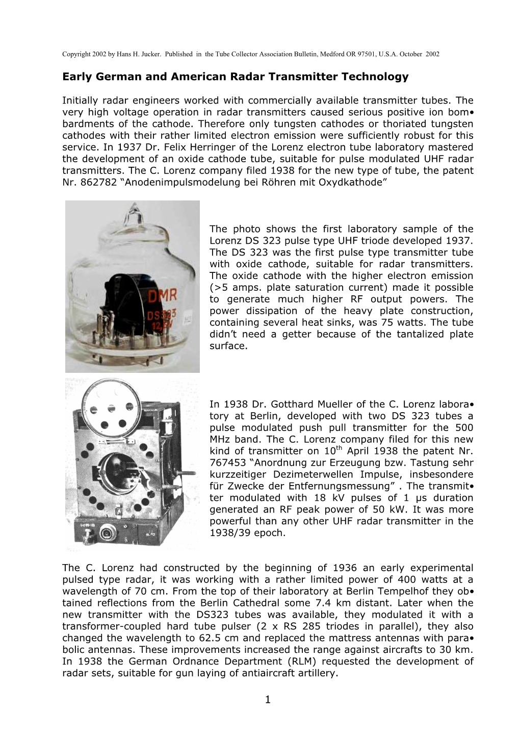 Early German and American Radar Transmitter Technology 1