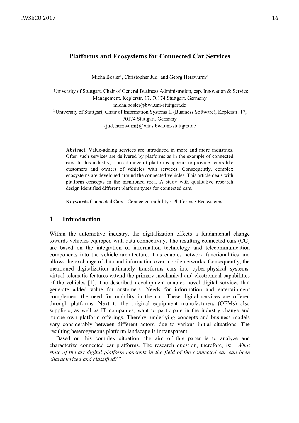 Platforms and Ecosystems for Connected Car Services 1