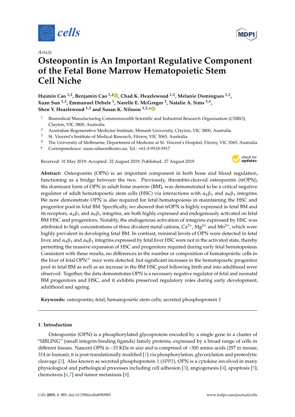 Osteopontin Is an Important Regulative Component of the Fetal Bone Marrow Hematopoietic Stem Cell Niche