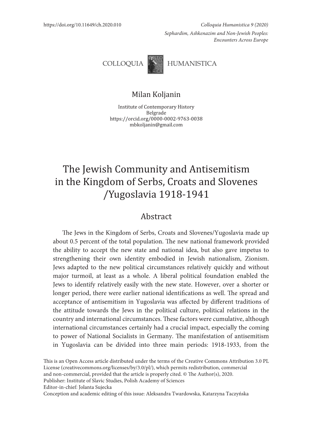 The Jewish Community and Antisemitism in the Kingdom of Serbs, Croats and Slovenes/Yugoslavia 1918-1941