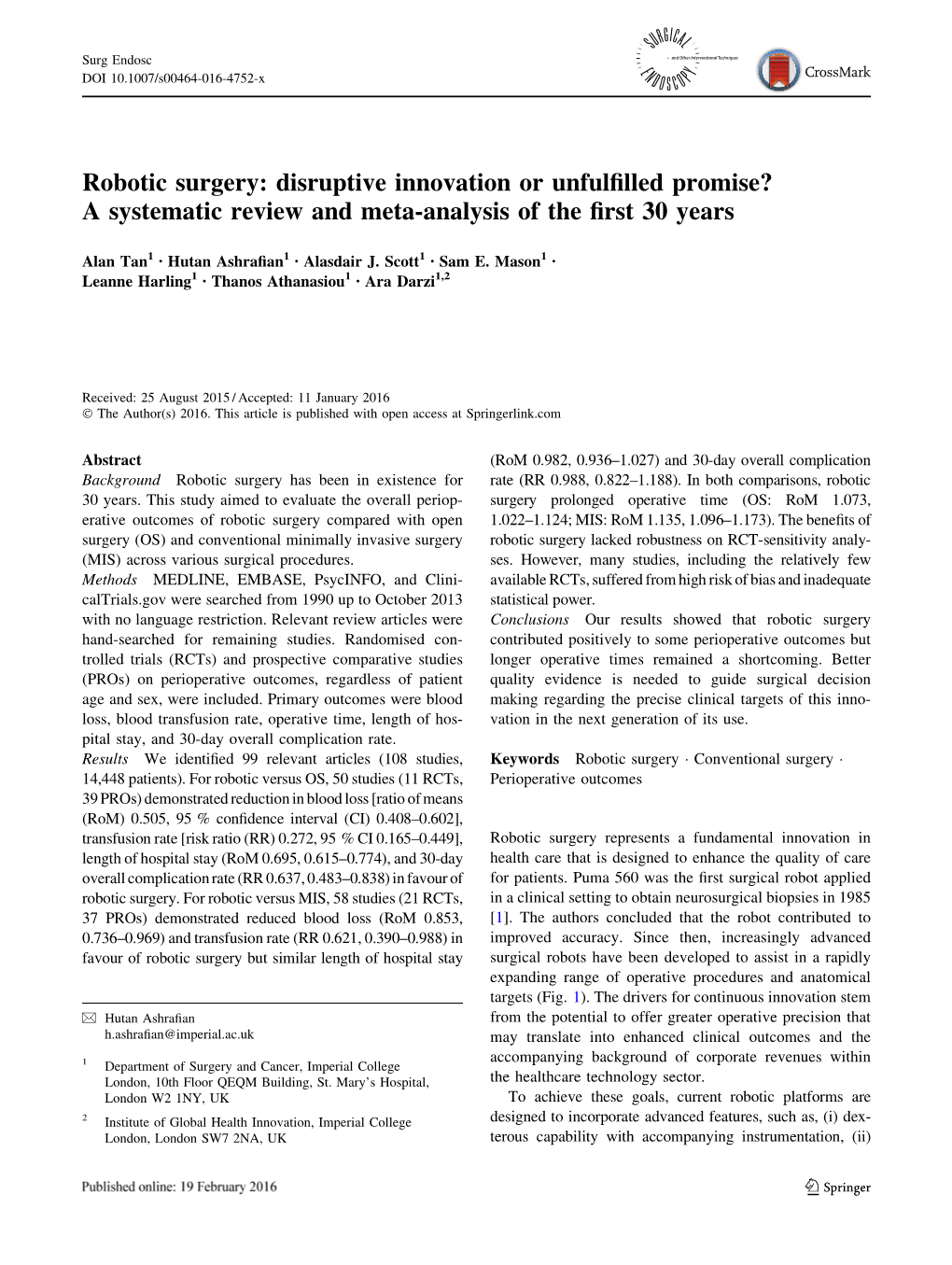 Robotic Surgery: Disruptive Innovation Or Unfulfilled Promise? a Systematic