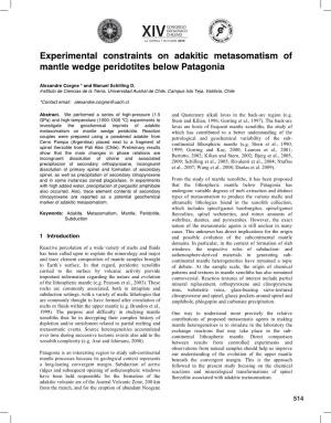 Experimental Constraints on Adakitic Metasomatism of Mantle Wedge Peridotites Below Patagonia