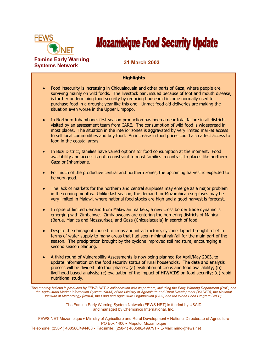 Famine Early Warning Systems Network 31 March 2003