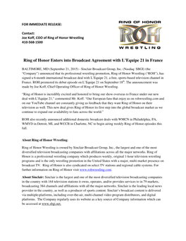 Ring of Honor Enters Into Broadcast Agreement with L'equipe 21 in France