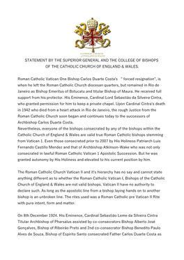 Statement by the Superior General and the College of Bishops of the Catholic Church of England & Wales