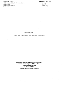 HABS No. MT-113 HISTORIC AMERICAN BUILDINGS SURVEY