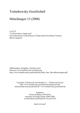 Tschaikowsky-Gesellschaft Mitteilungen 15 (2008)