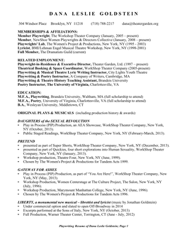 Playwriting Resume of Dana Leslie Goldstein; Page 1