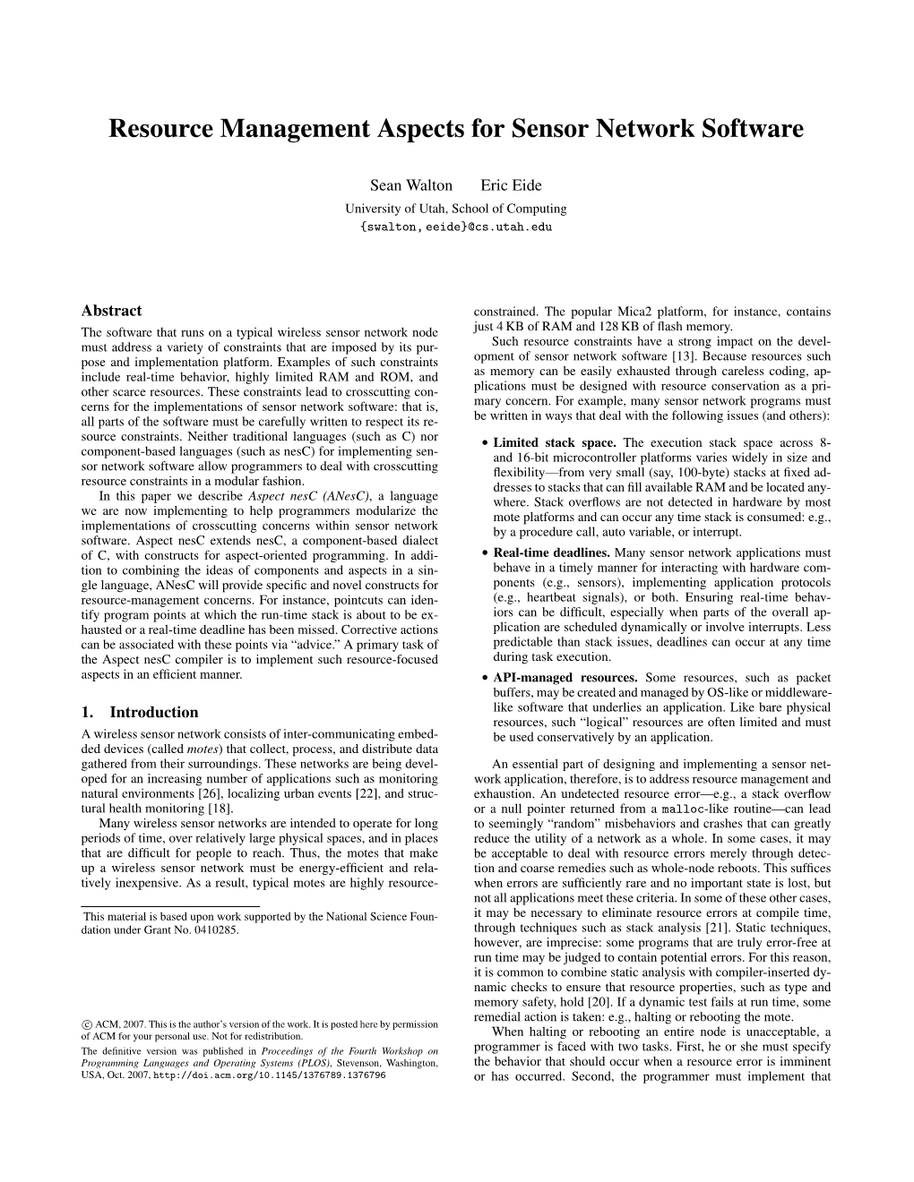 Resource Management Aspects for Sensor Network Software