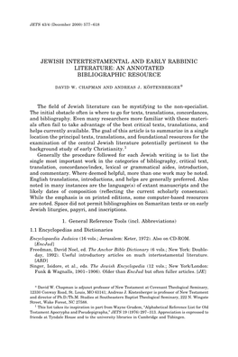Jewish Intertestamental and Early Rabbinic Literature: an Annotated Bibliographic Resource David W