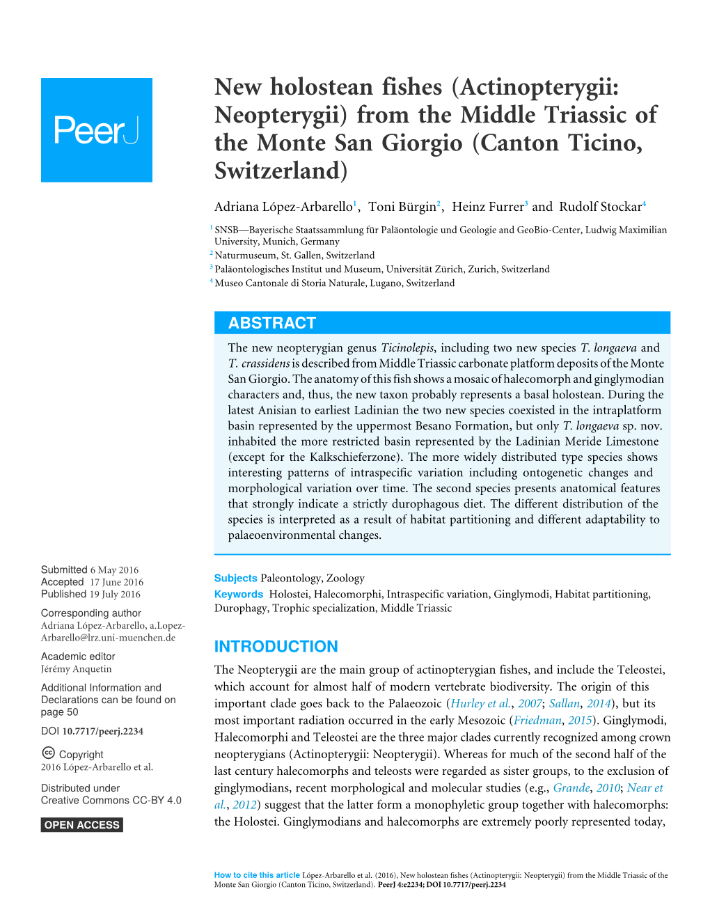 New Holostean Fishes (Actinopterygii: Neopterygii) from the Middle Triassic of the Monte San Giorgio (Canton Ticino, Switzerland)