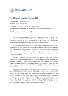 The G20 Under Italy's Leadership in 2021
