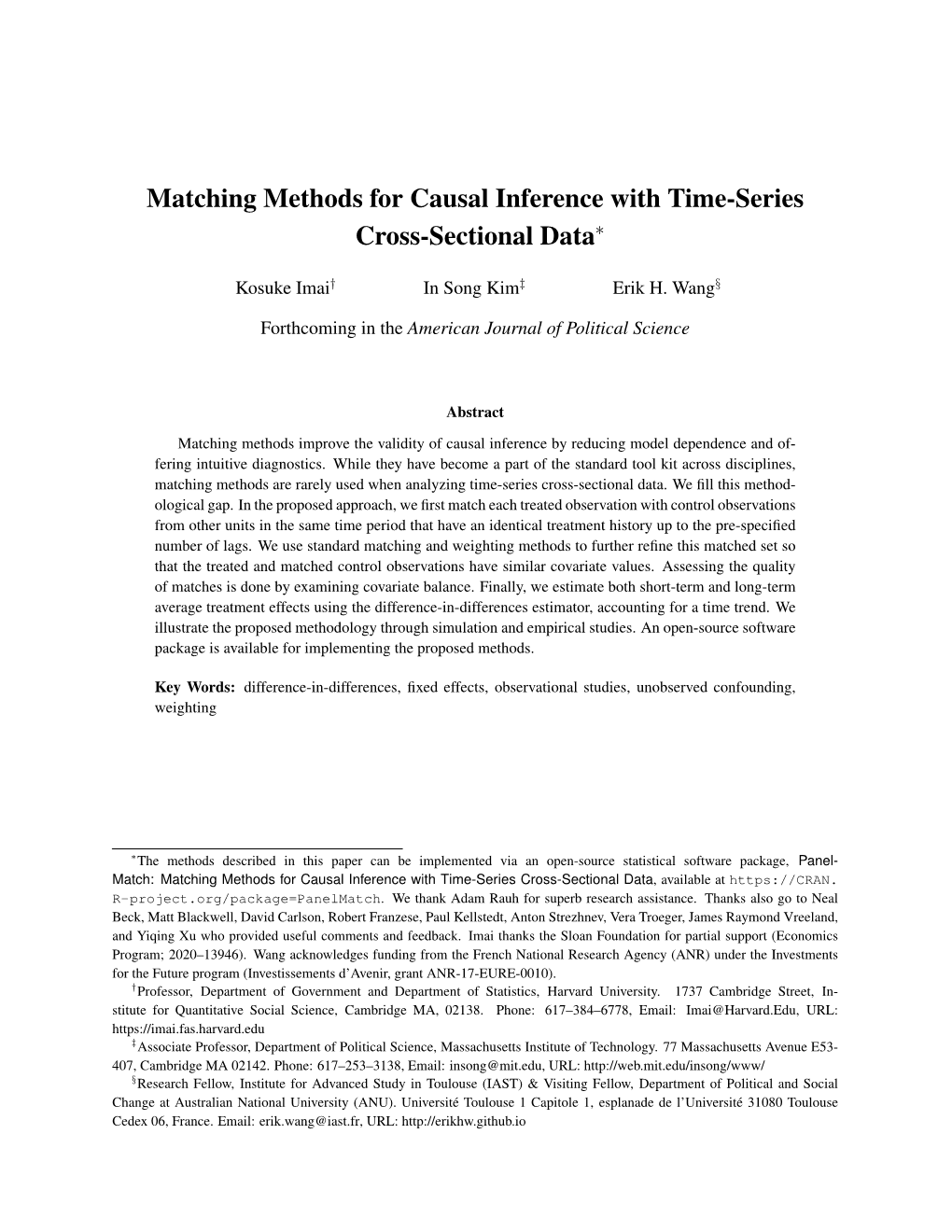 Matching Methods For Causal Inference With Time-Series Cross-Sectional ...