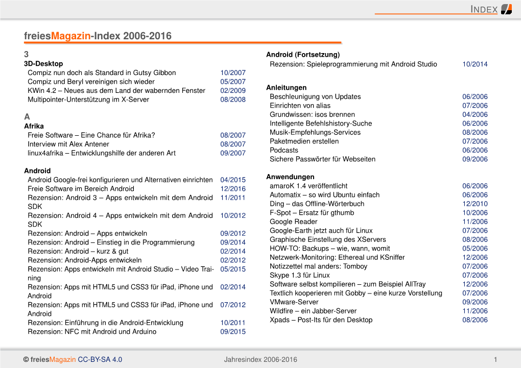 Freiesmagazin Jahresindex 2006-2016
