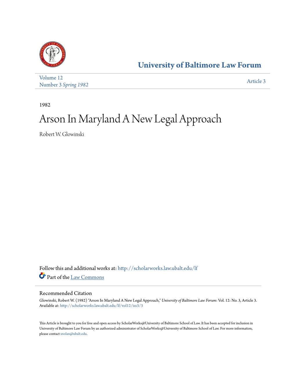 Arson in Maryland a New Legal Approach Robert W