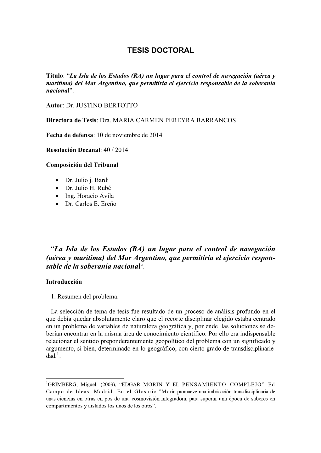 TESIS DOCTORAL “La Isla De Los Estados (RA) Un Lugar Para El