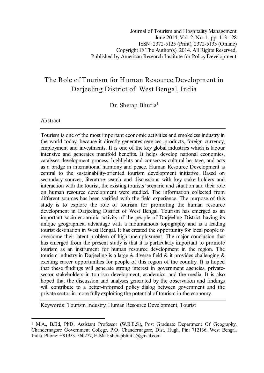 The Role of Tourism for Human Resource Development in Darjeeling District of West Bengal, India