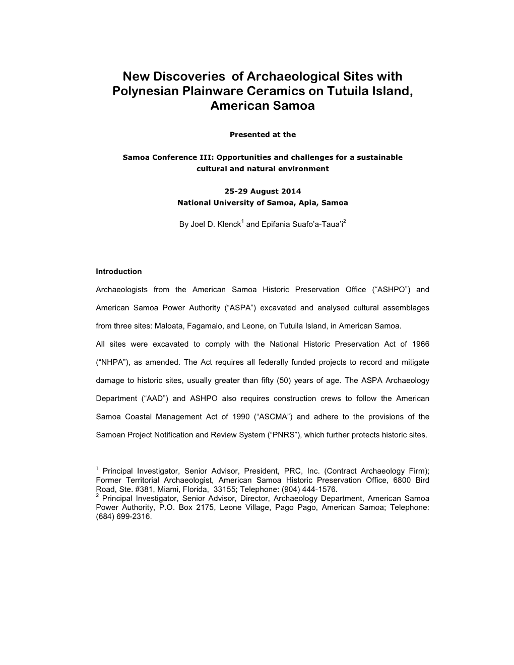 New Discoveries of Archaeological Sites with Polynesian Plainware Ceramics on Tutuila Island, American Samoa