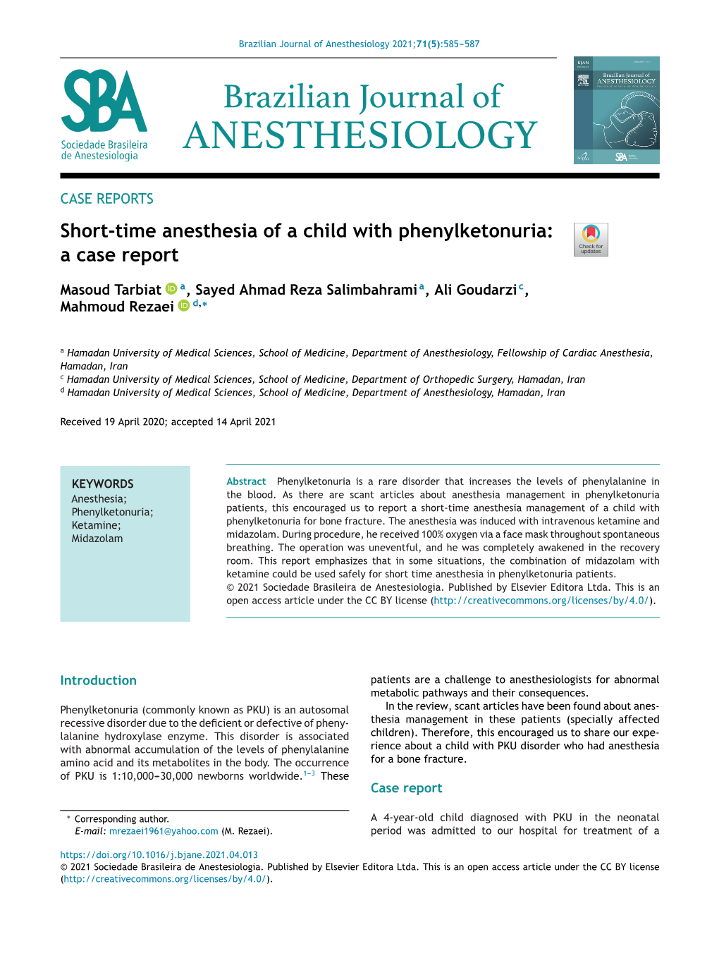 Short Time Anesthesia of a Child With