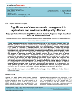 Significance of Vinasses Waste Management in Agriculture and Environmental Quality- Review