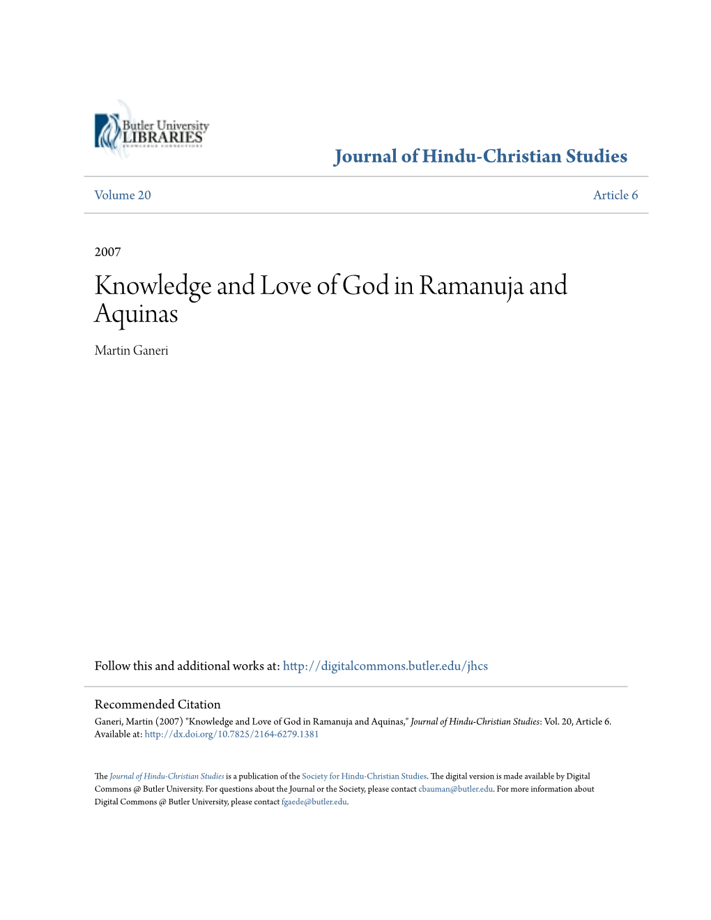 Knowledge and Love of God in Ramanuja and Aquinas Martin Ganeri