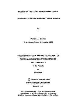 Remembrances of a Ukrainian Canadian Immigrant Farm Woman EXAMINING COMMITTEE