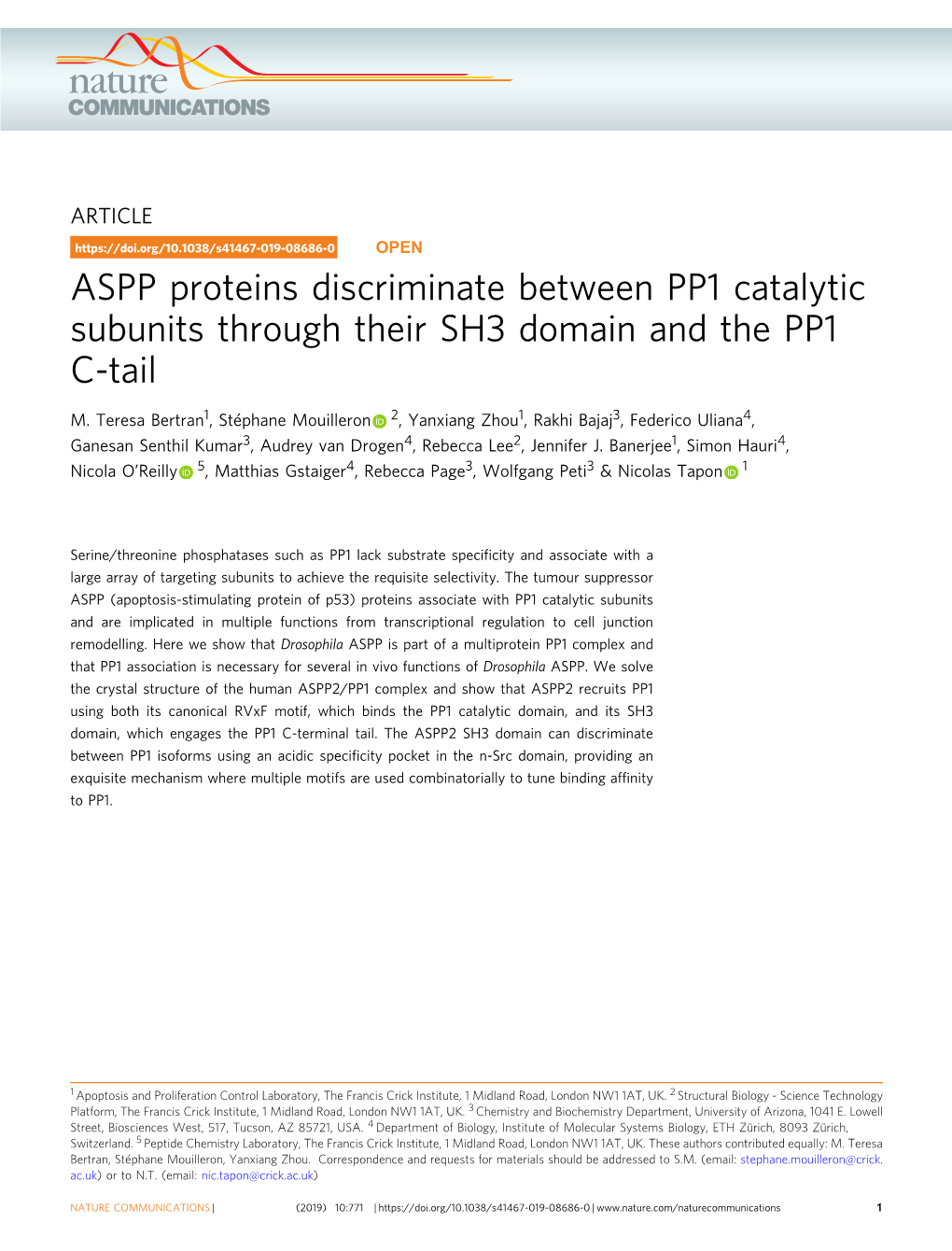 ASPP Proteins Discriminate Between PP1 Catalytic Subunits Through Their SH3 Domain and the PP1 C-Tail