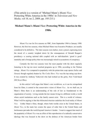 Miami Vice: Protecting White America in the 1980S’ in Television and New Media, Vol 10, No 2, 2009, Pp