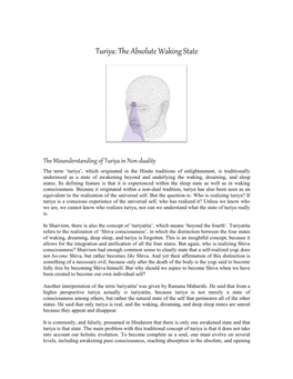 Turiya: the Absolute Waking State