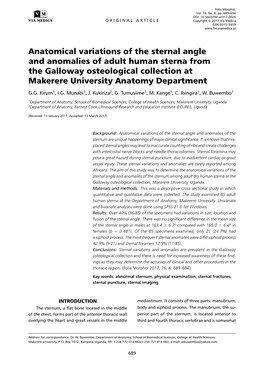 Anatomical Variations of the Sternal Angle and Anomalies of Adult Human Sterna from the Galloway Osteological Collection at Makerere University Anatomy Department G.G