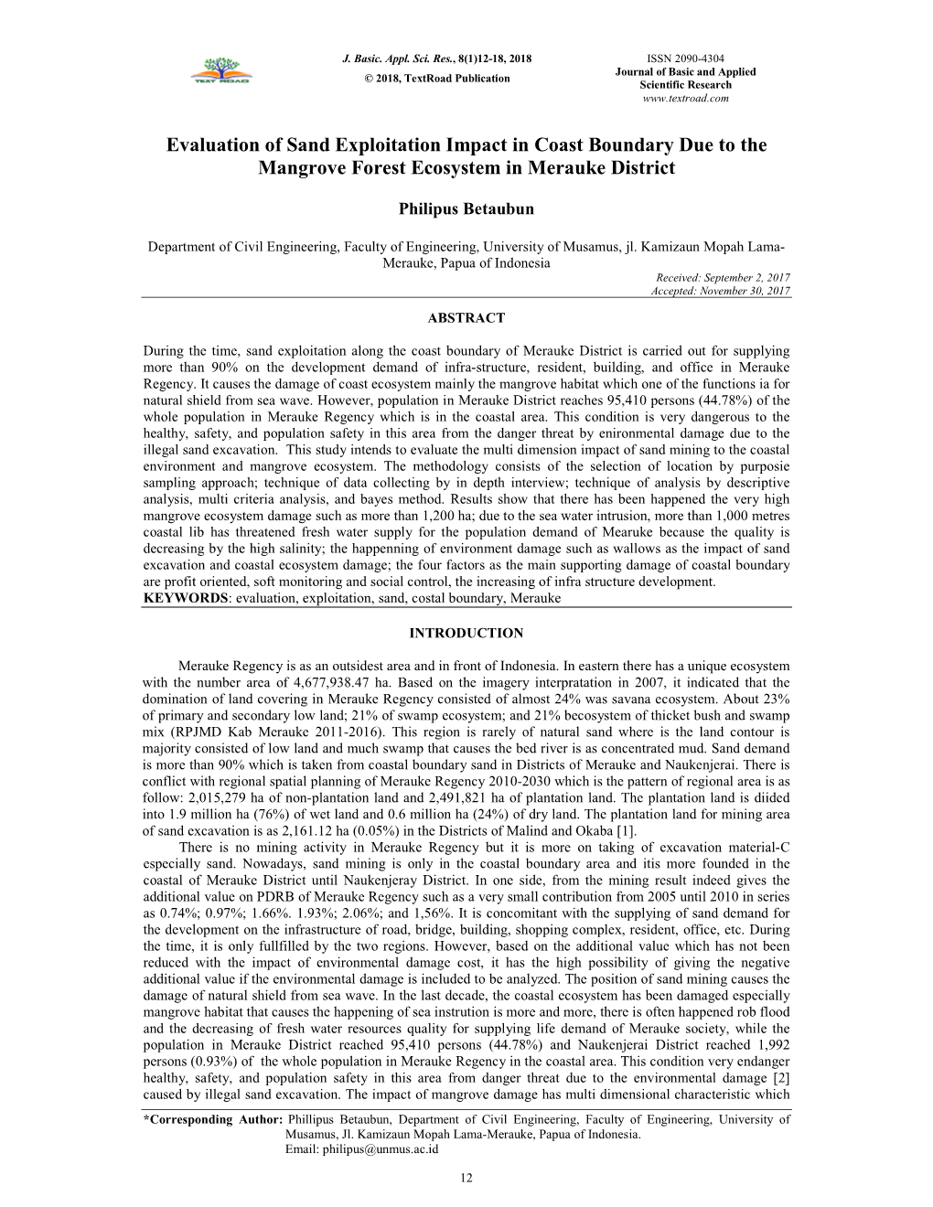 Evaluation of Sand Exploitation Impact in Coast Boundary Due to the Mangrove Forest Ecosystem in Merauke District