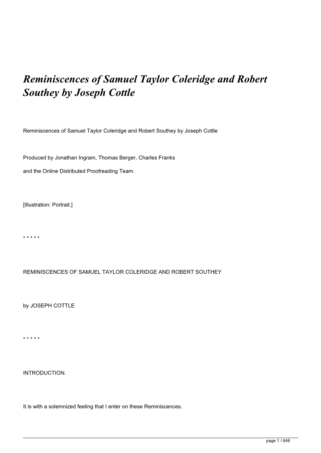 Reminiscences of Samuel Taylor Coleridge and Robert Southey by Joseph Cottle