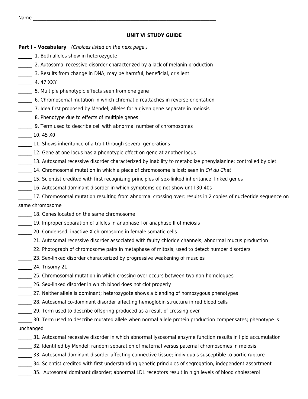 Part I Vocabulary (Choices Listed on the Next Page.)