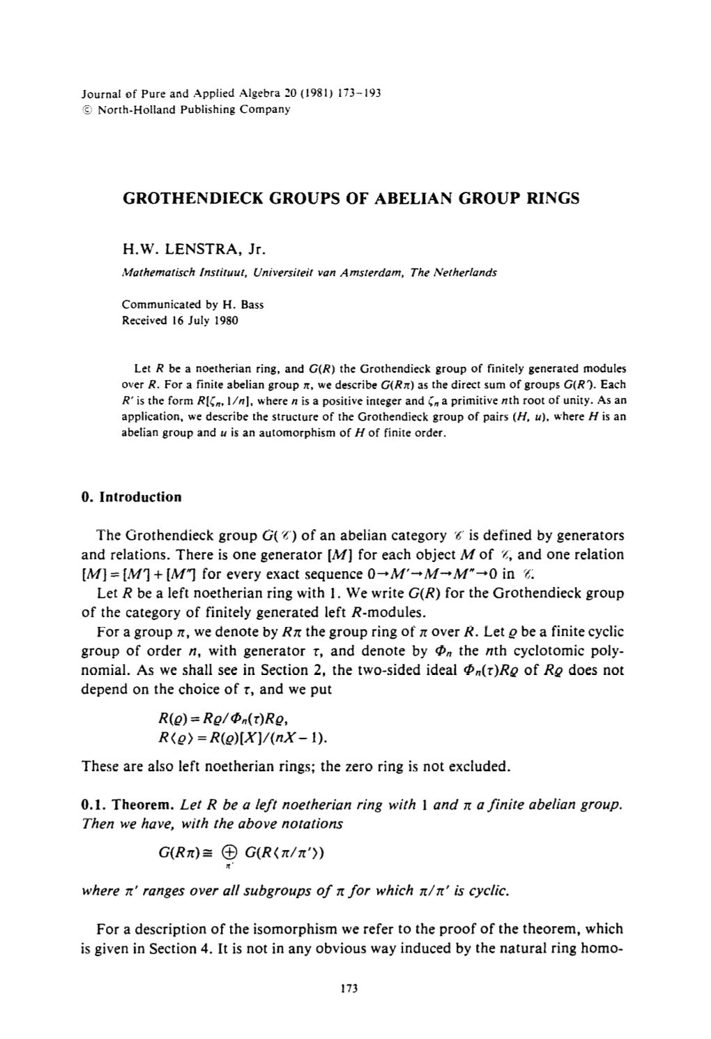 Grothendieck Groups of Abelian Group Rings H.W