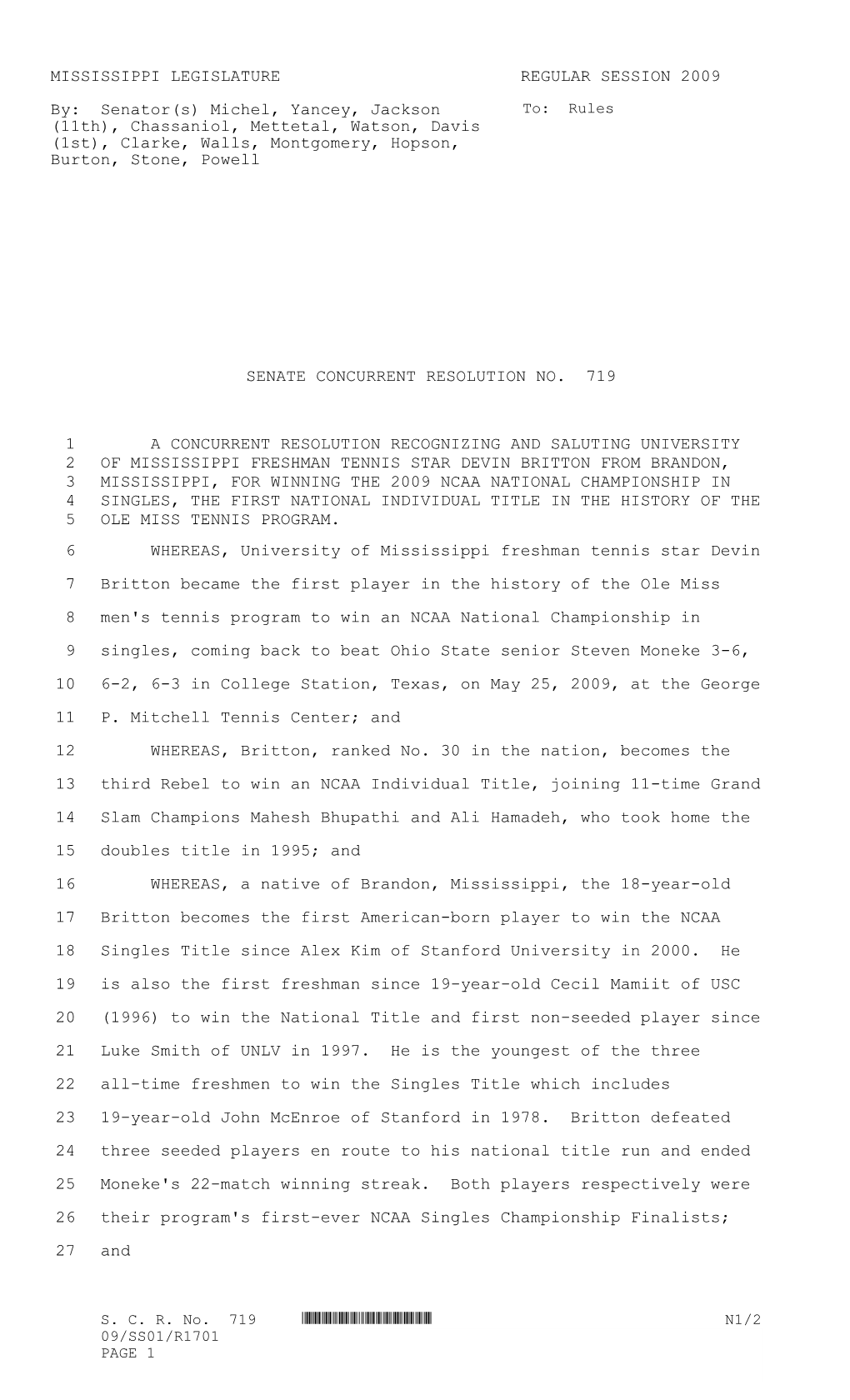 MISSISSIPPI LEGISLATURE REGULAR SESSION 2009 By