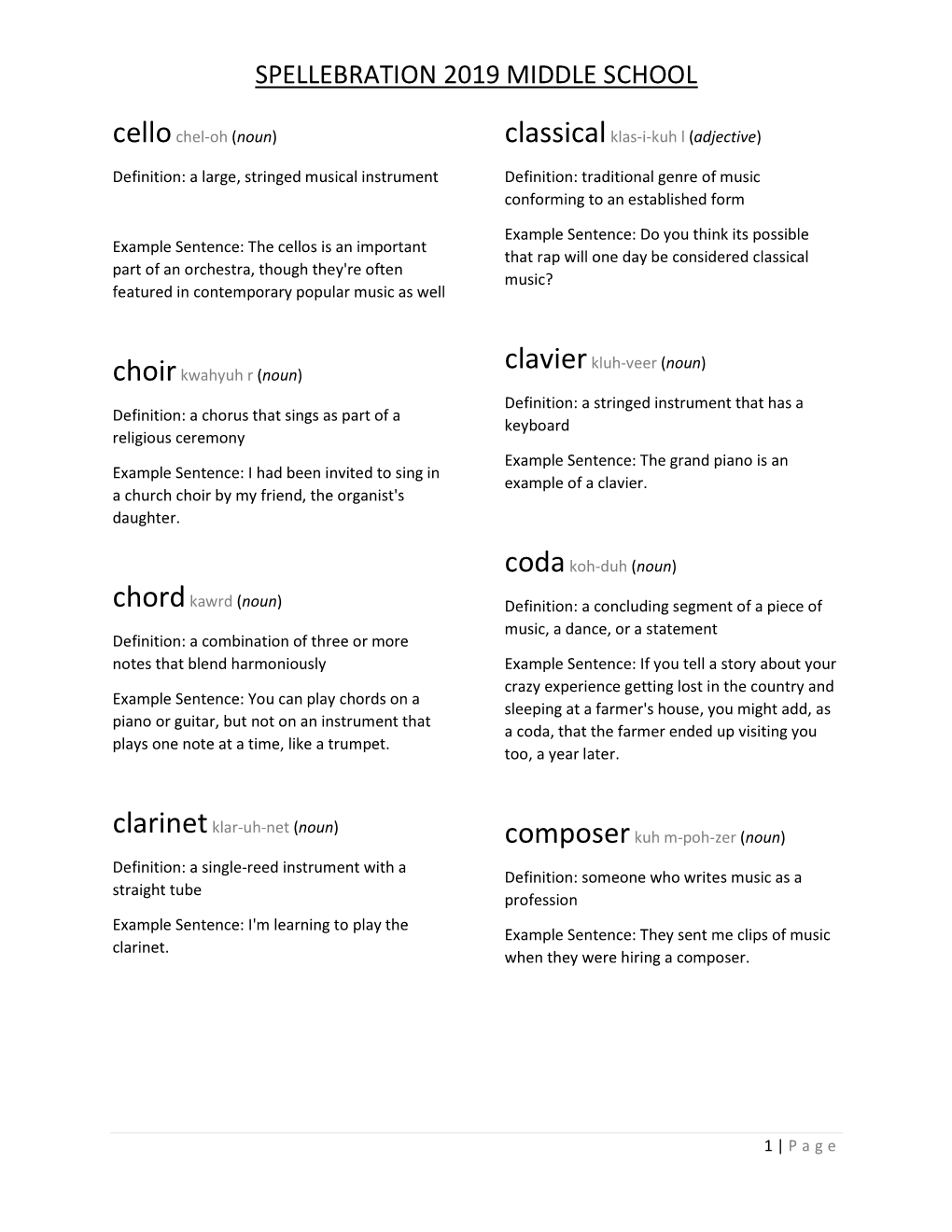 SPELLEBRATION 2019 MIDDLE SCHOOL Cello Chel-Oh (Noun) Classical Klas-I-Kuh L (Adjective)
