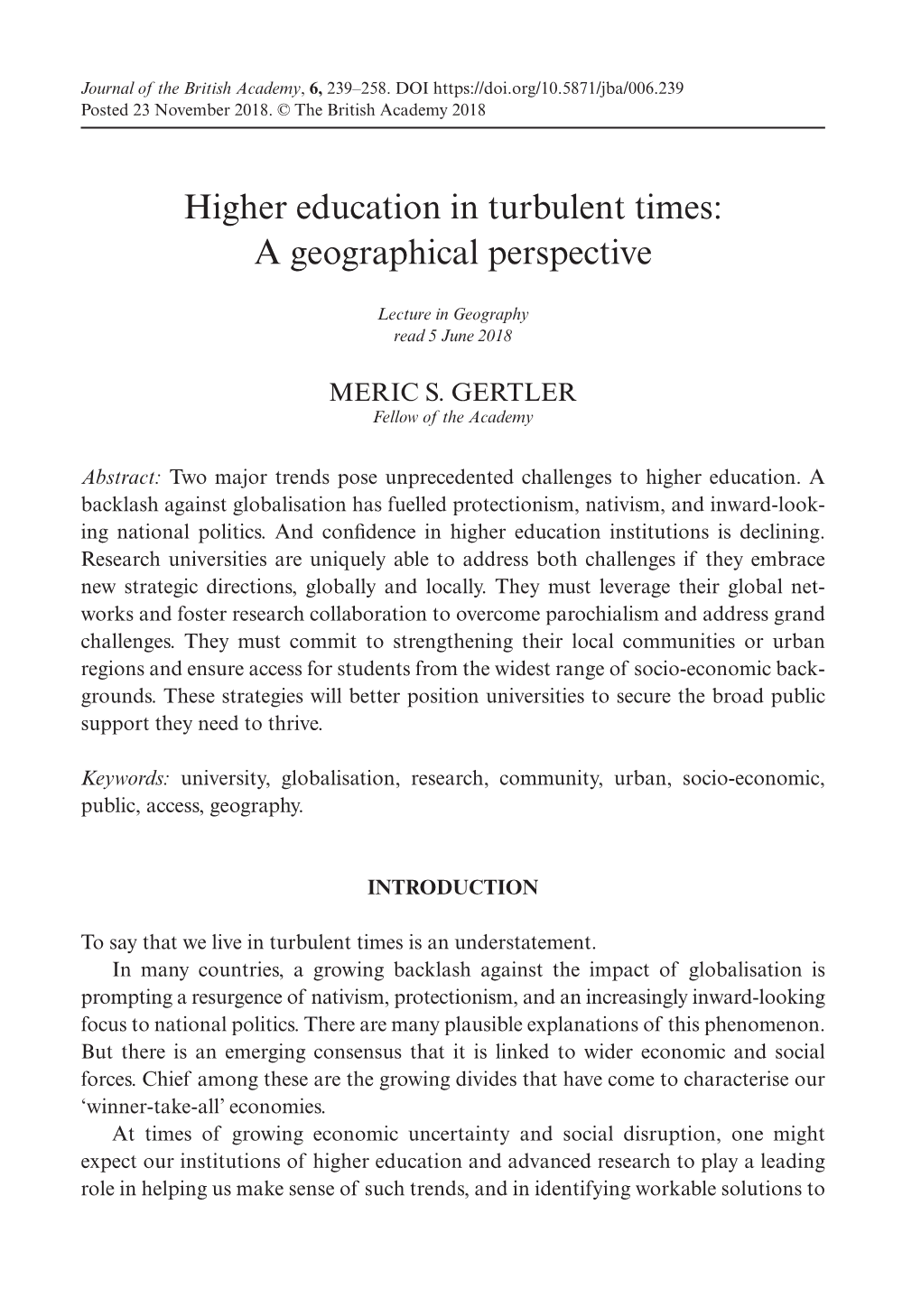 Higher Education in Turbulent Times: a Geographical Perspective