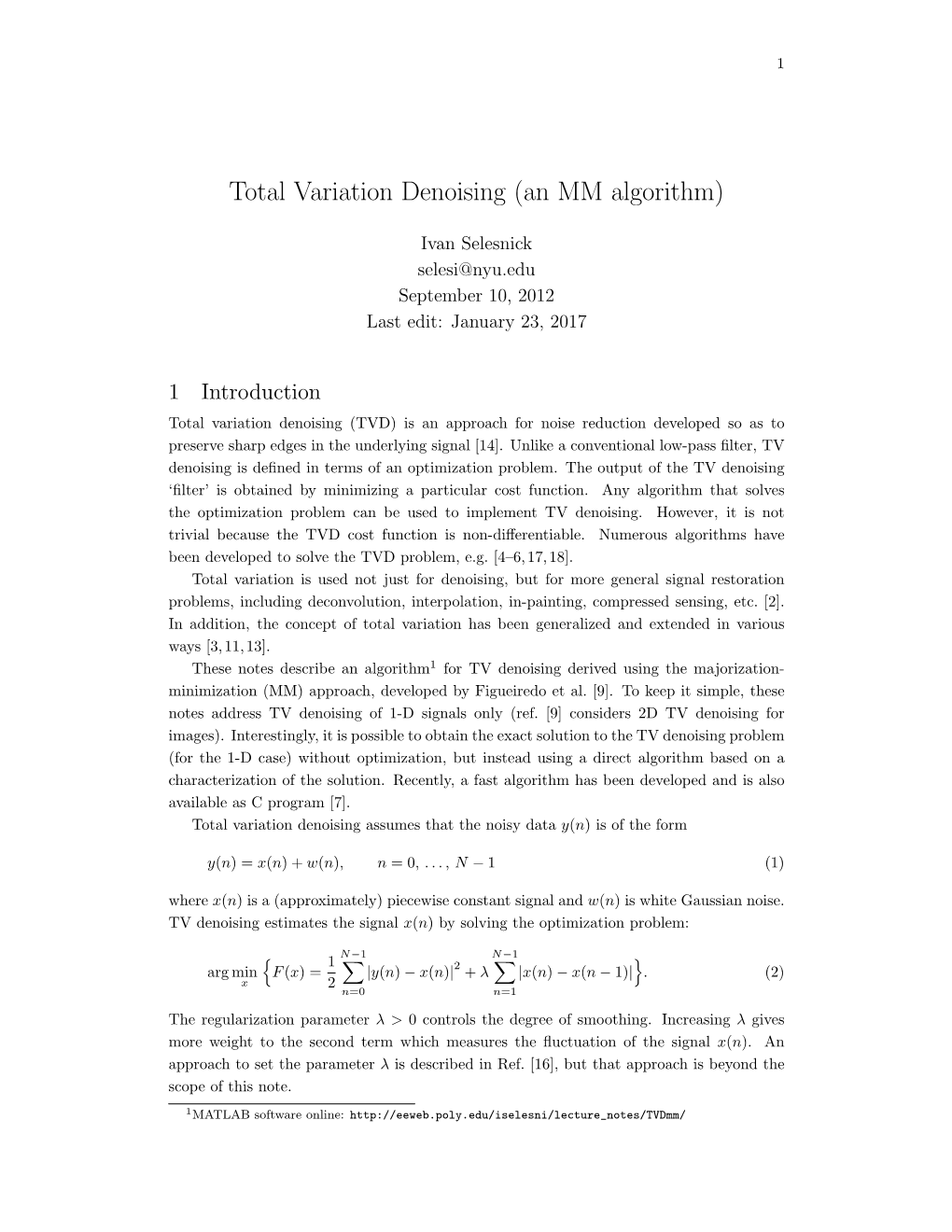 Total Variation Denoising (An MM Algorithm)