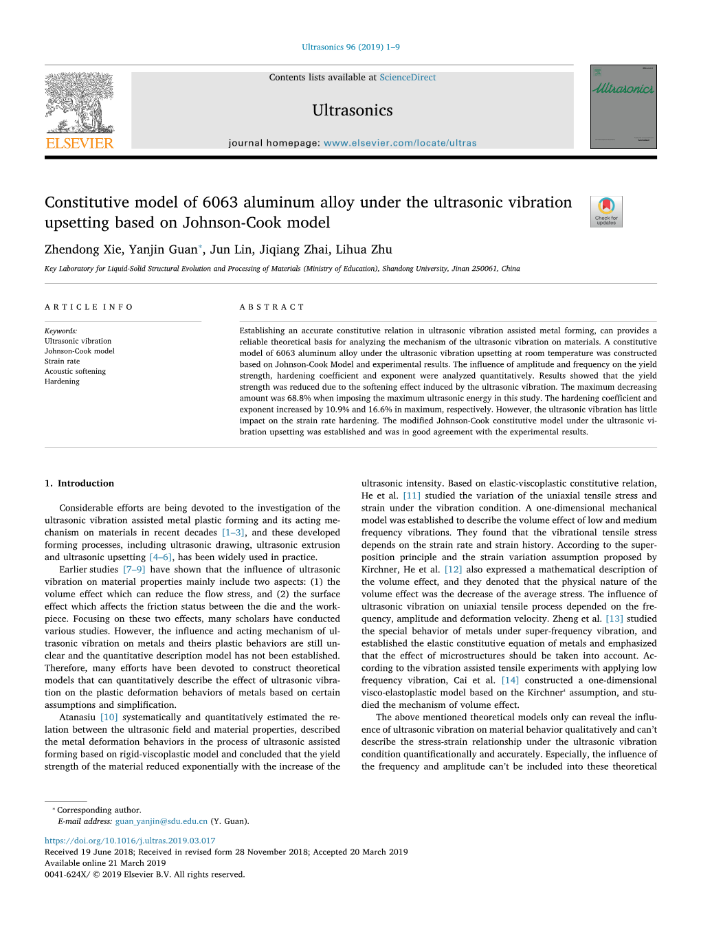 Constitutive Model of 6063 Aluminum Alloy Under the Ultrasonic Vibration Upsetting Based on Johnson-Cook Model