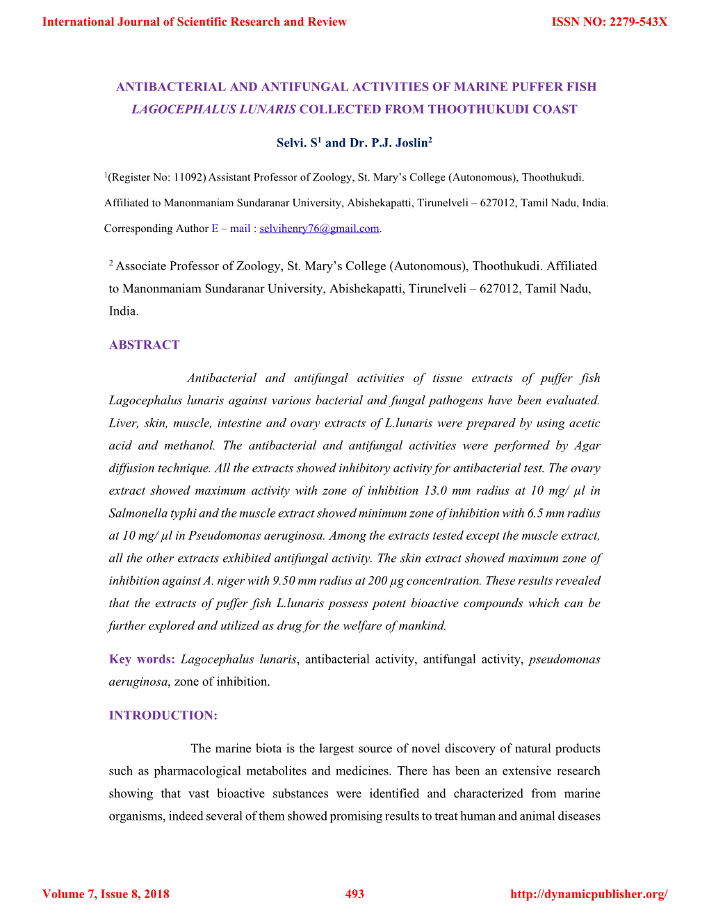 Antibacterial and Antifungal Activities of Marine Puffer Fish Lagocephalus Lunaris Collected from Thoothukudi Coast