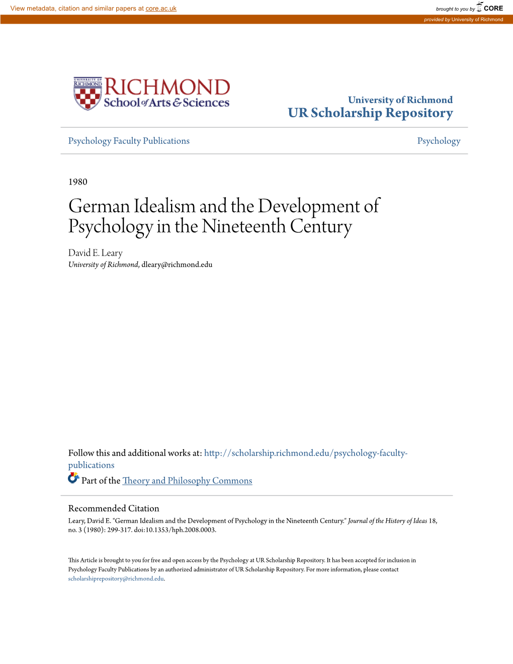 German Idealism and the Development of Psychology in the Nineteenth Century David E